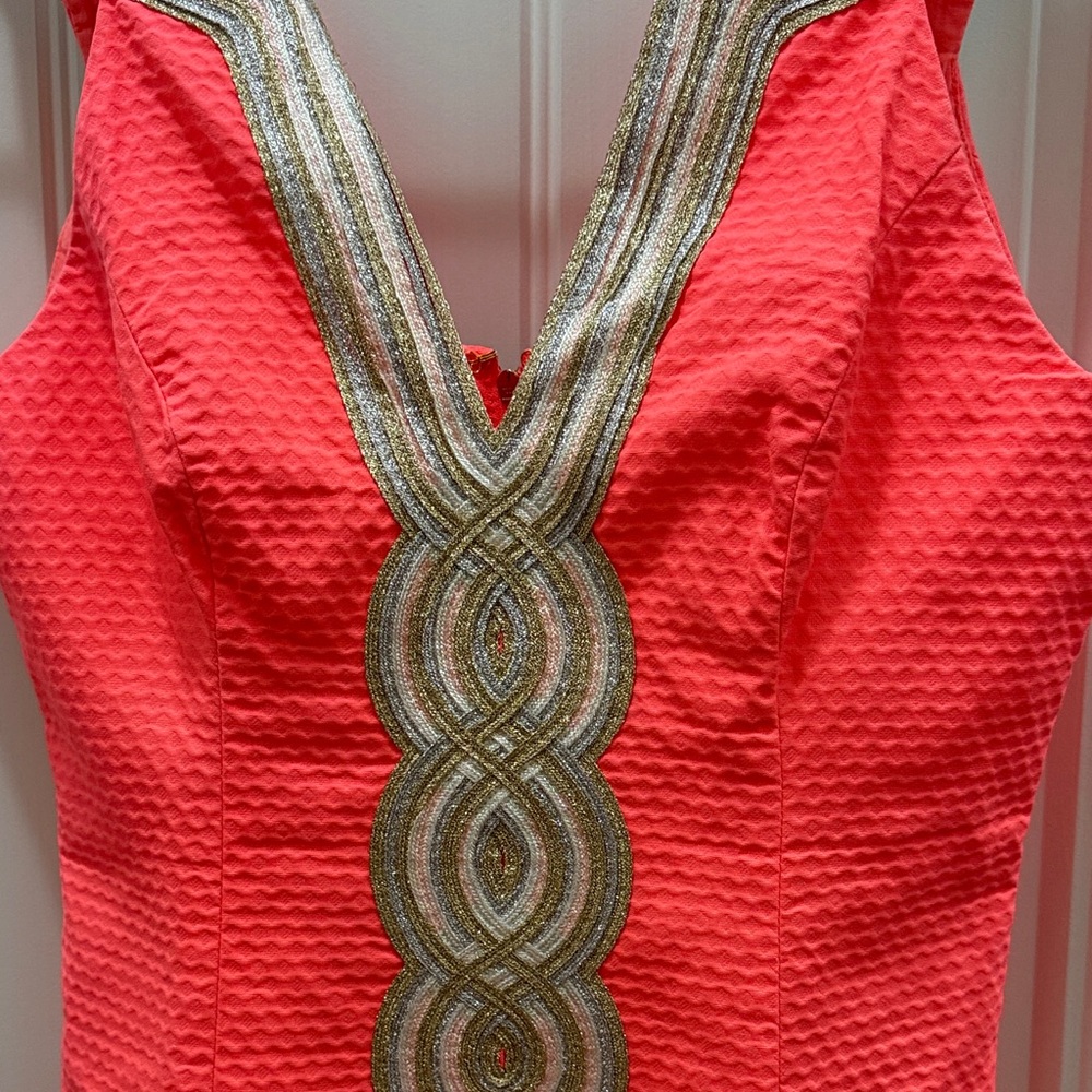 Lilly Pulitzer Sz 2 Coral Pink Valli Shift Dress with silver & gold soutache. - Picture 3 of 4